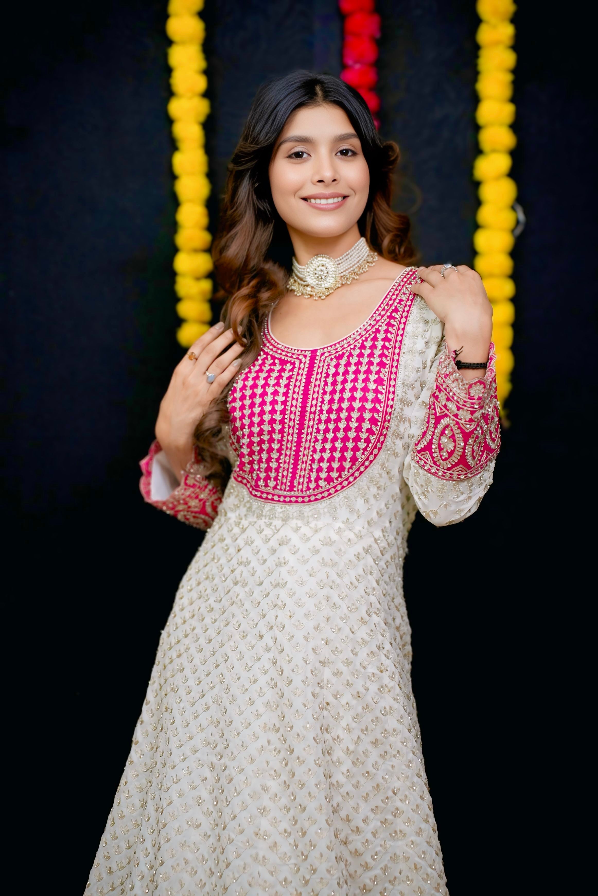 Pink and white embroidery Anarkali #051002