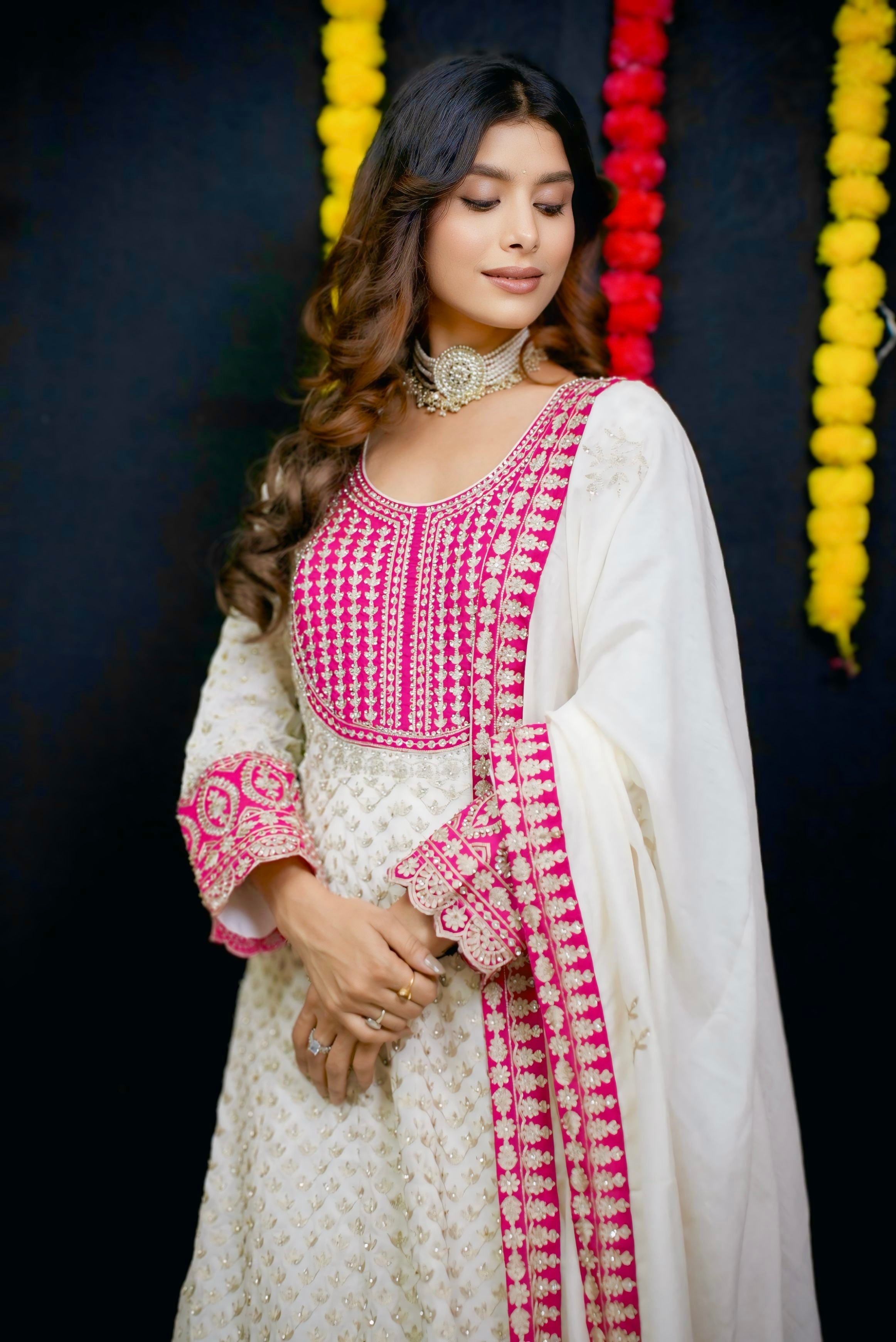 Pink and white embroidery Anarkali #051002