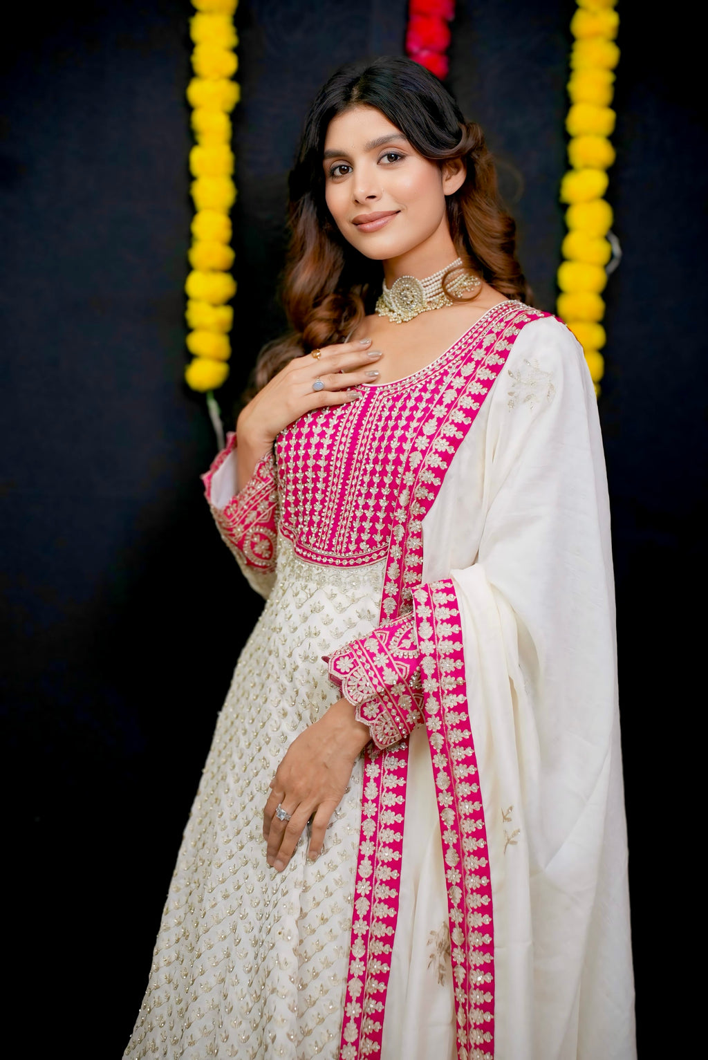 Pink and white embroidery Anarkali #051002