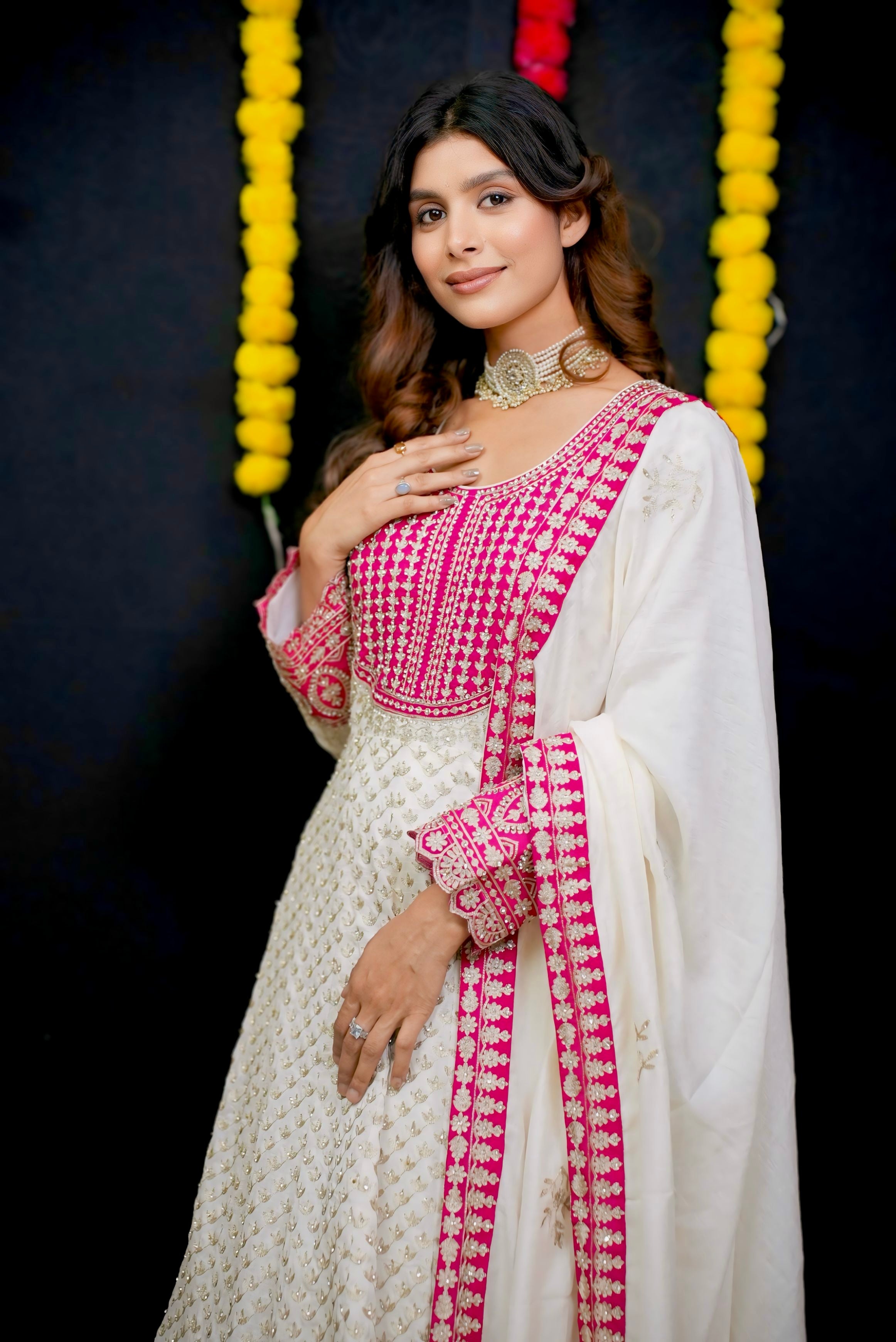 Pink and white embroidery Anarkali #051002