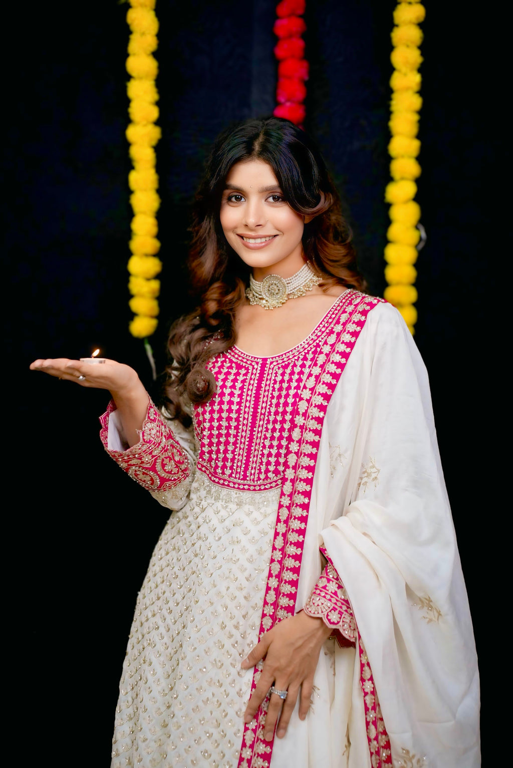 Pink and white embroidery Anarkali #051002