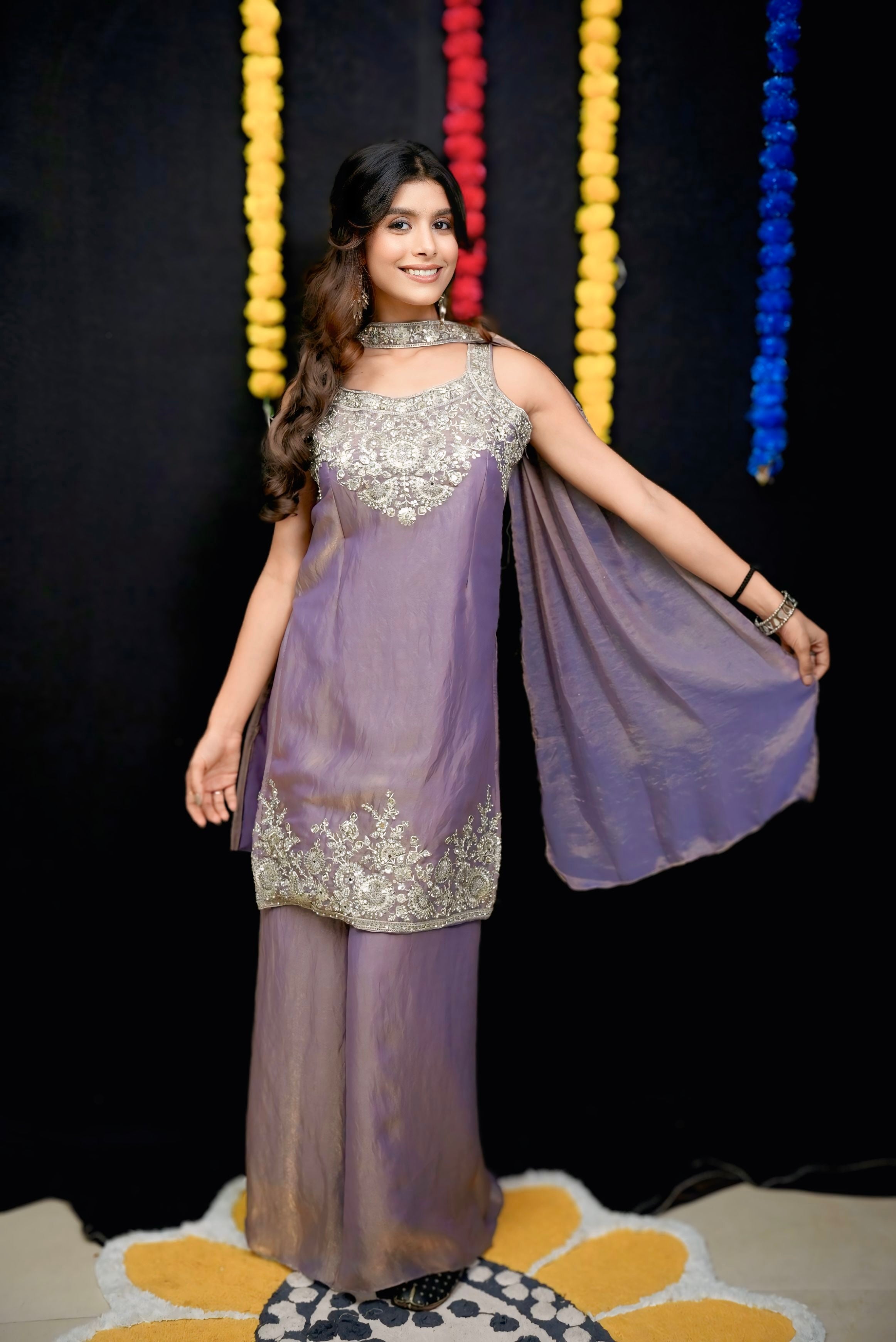Purple shimmer embroidery festival suit set #051004