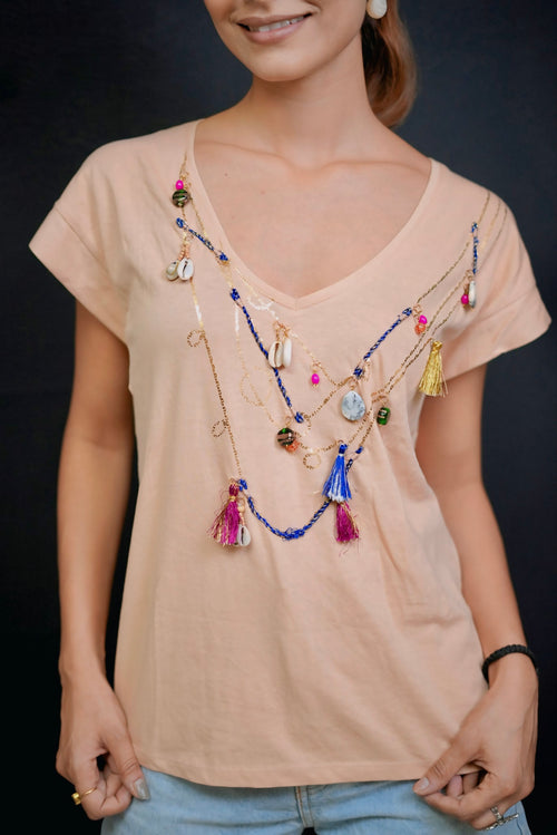 Beige embellished Tee #081001