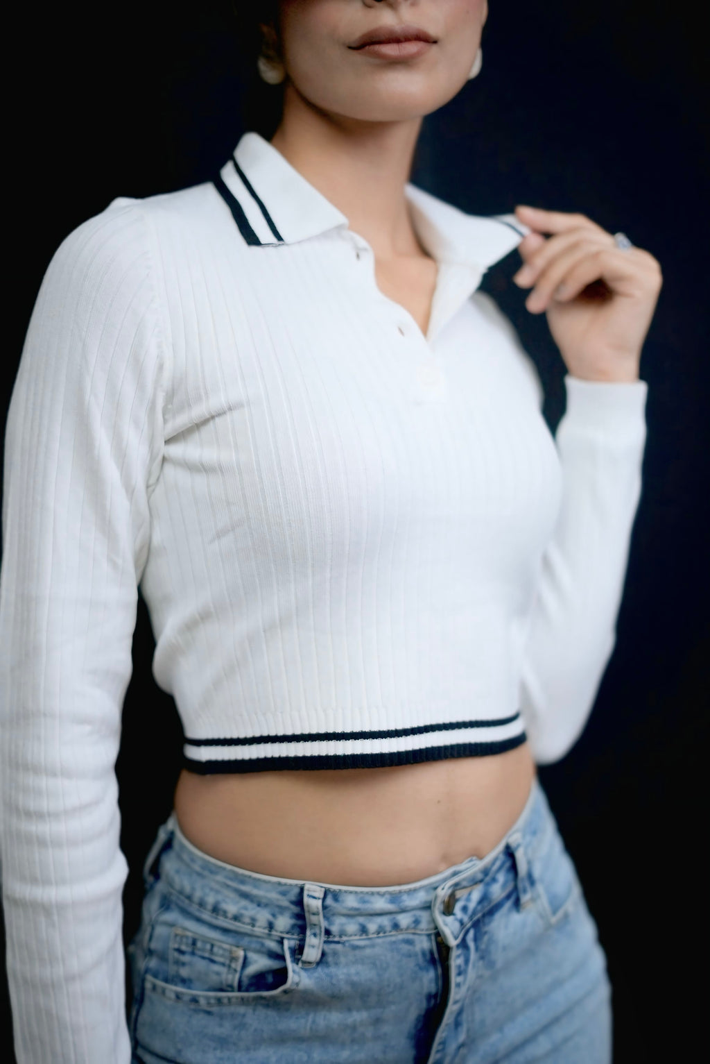 white stripe collar pre-winter Tee #081002