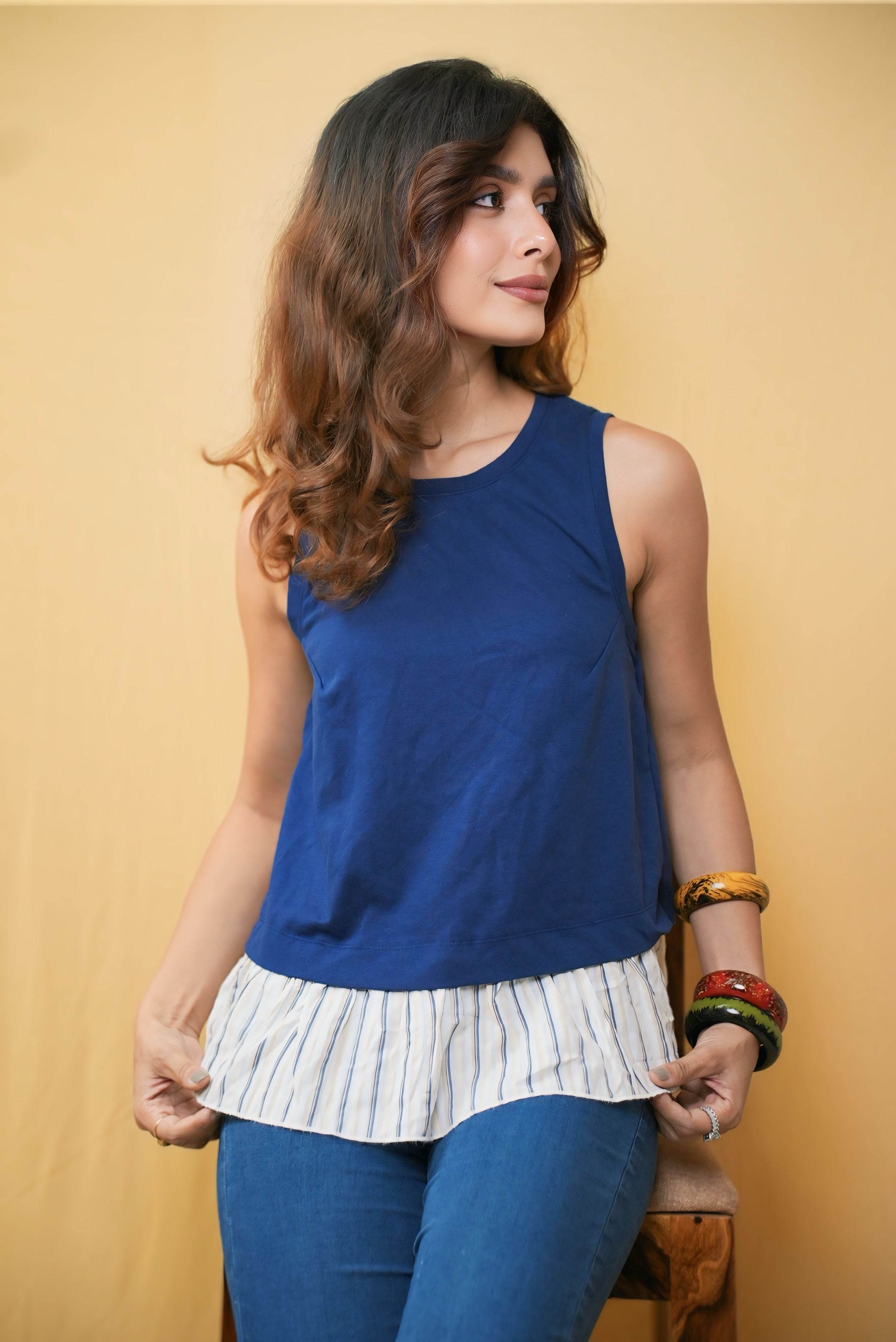 Blue and white back detailing top #210905