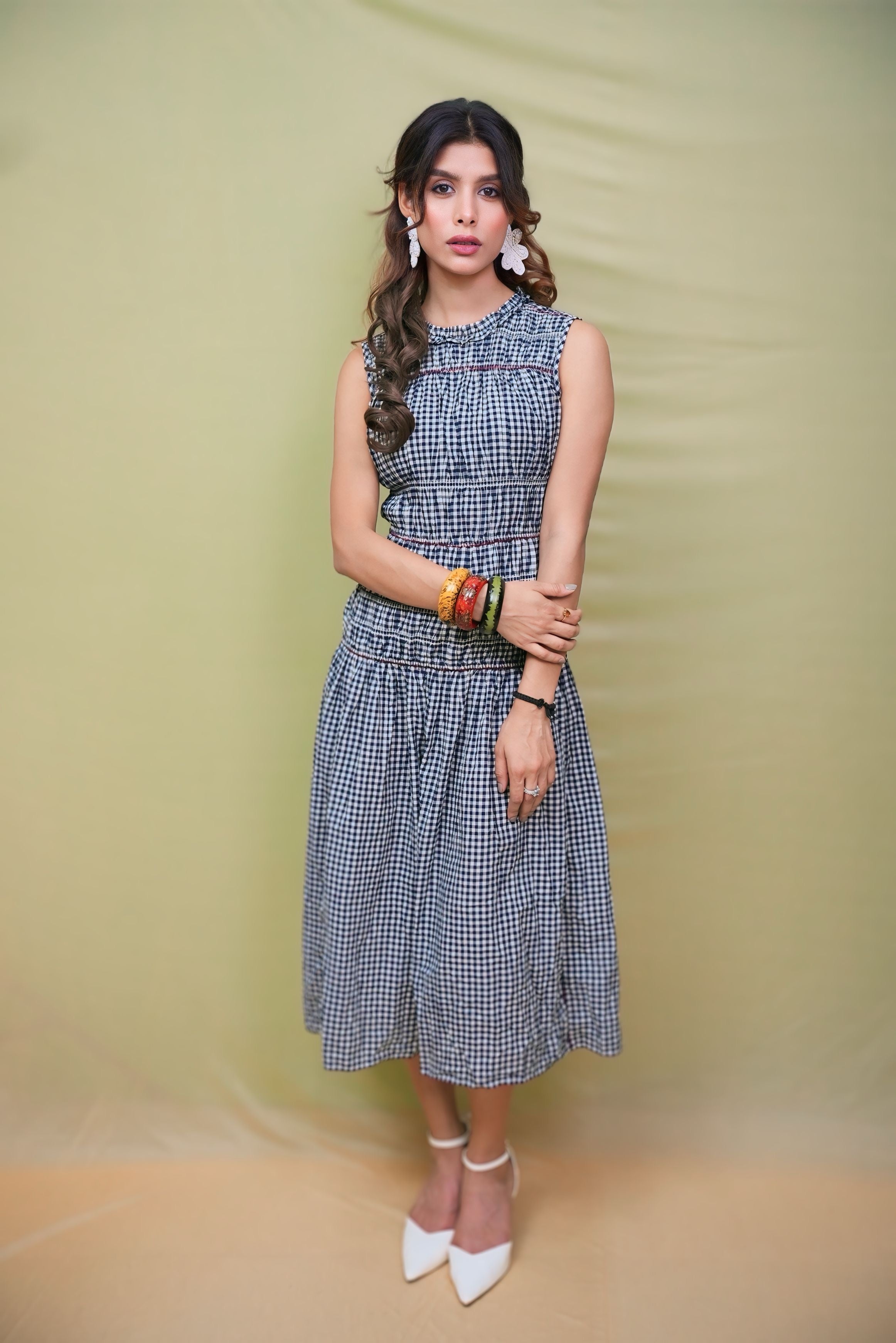 Check smocked free size dress #250901