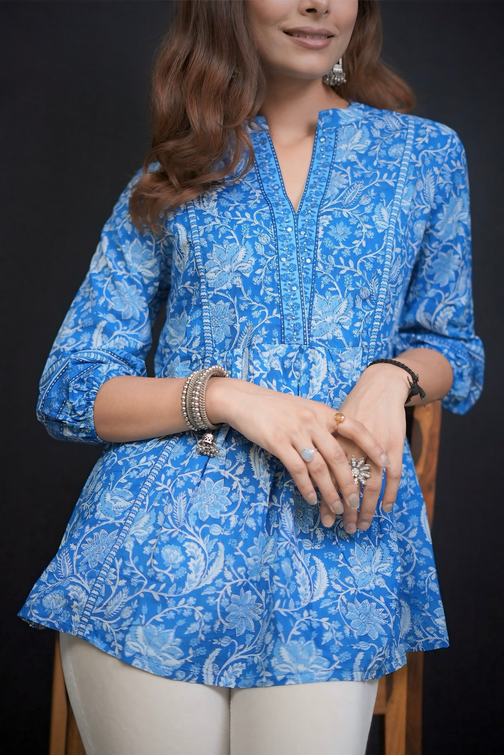 Blue floral cotton Indian top #280903