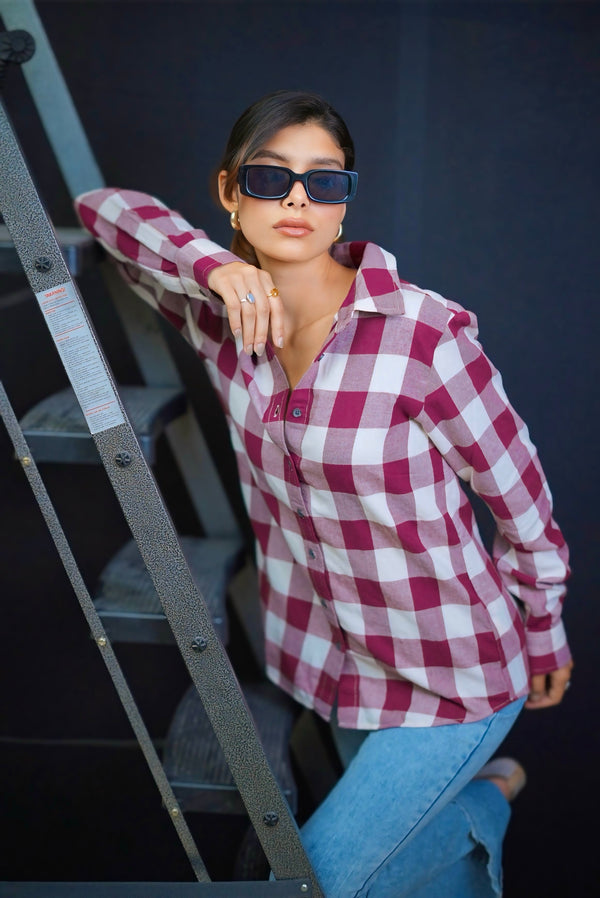 Burgendy and off white check shirt #290903