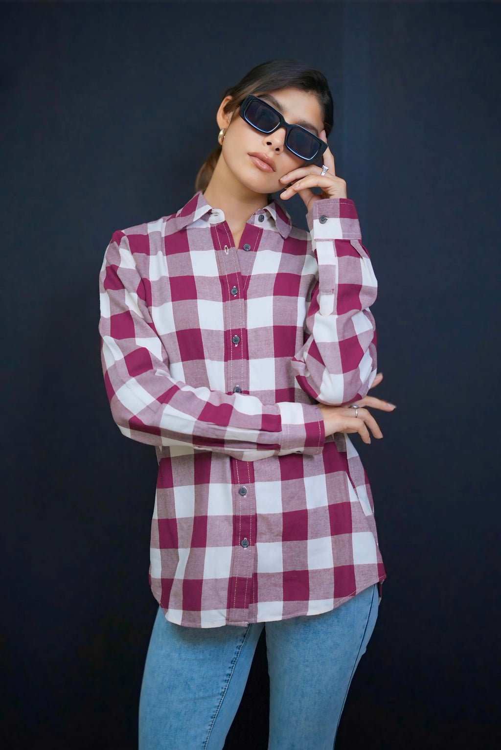 Burgendy and off white check shirt #290903