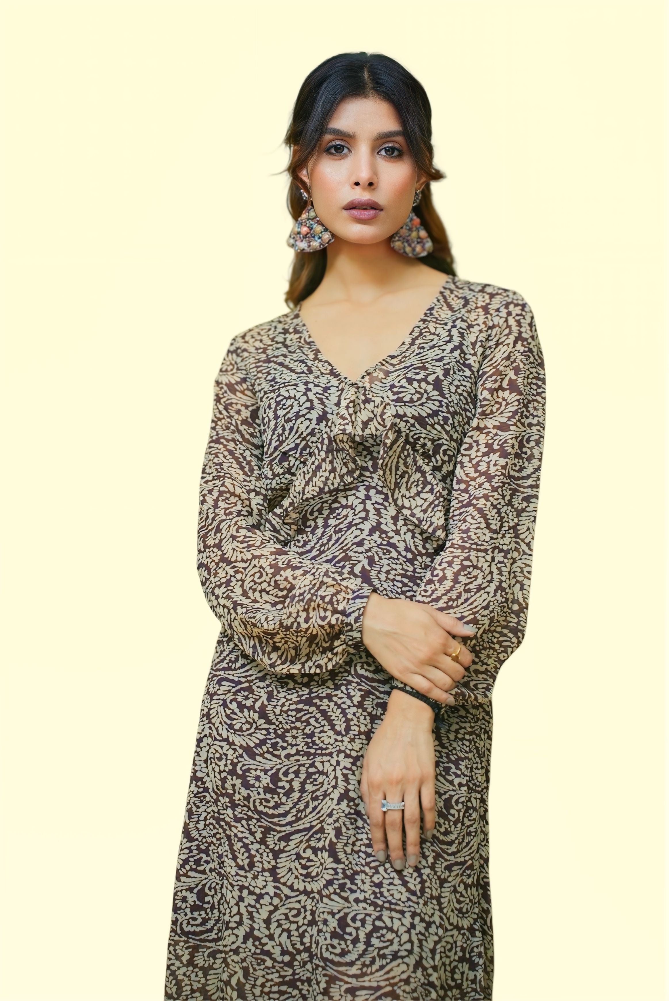 Mono print chiffon maxi dress #011004