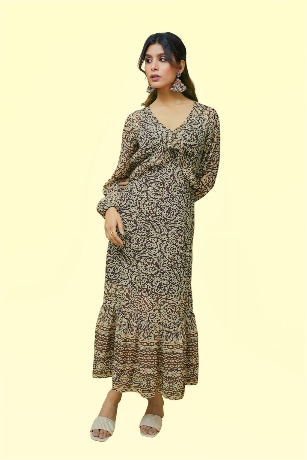 Mono print chiffon maxi dress #011004