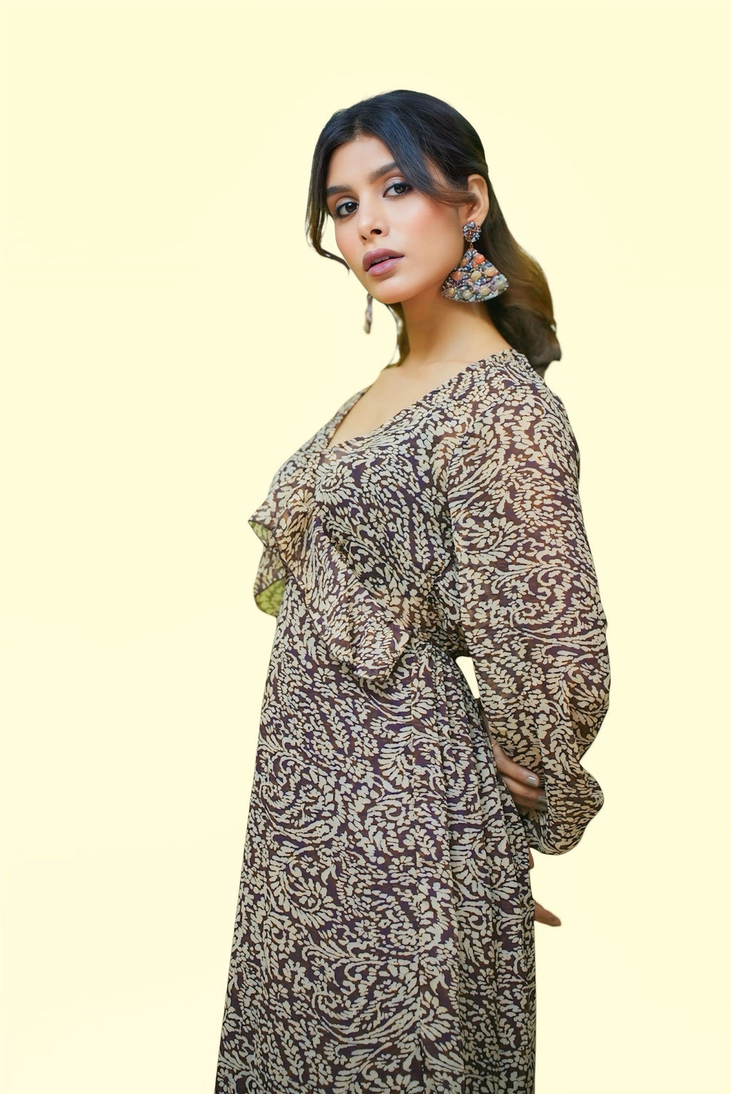 Mono print chiffon maxi dress #011004