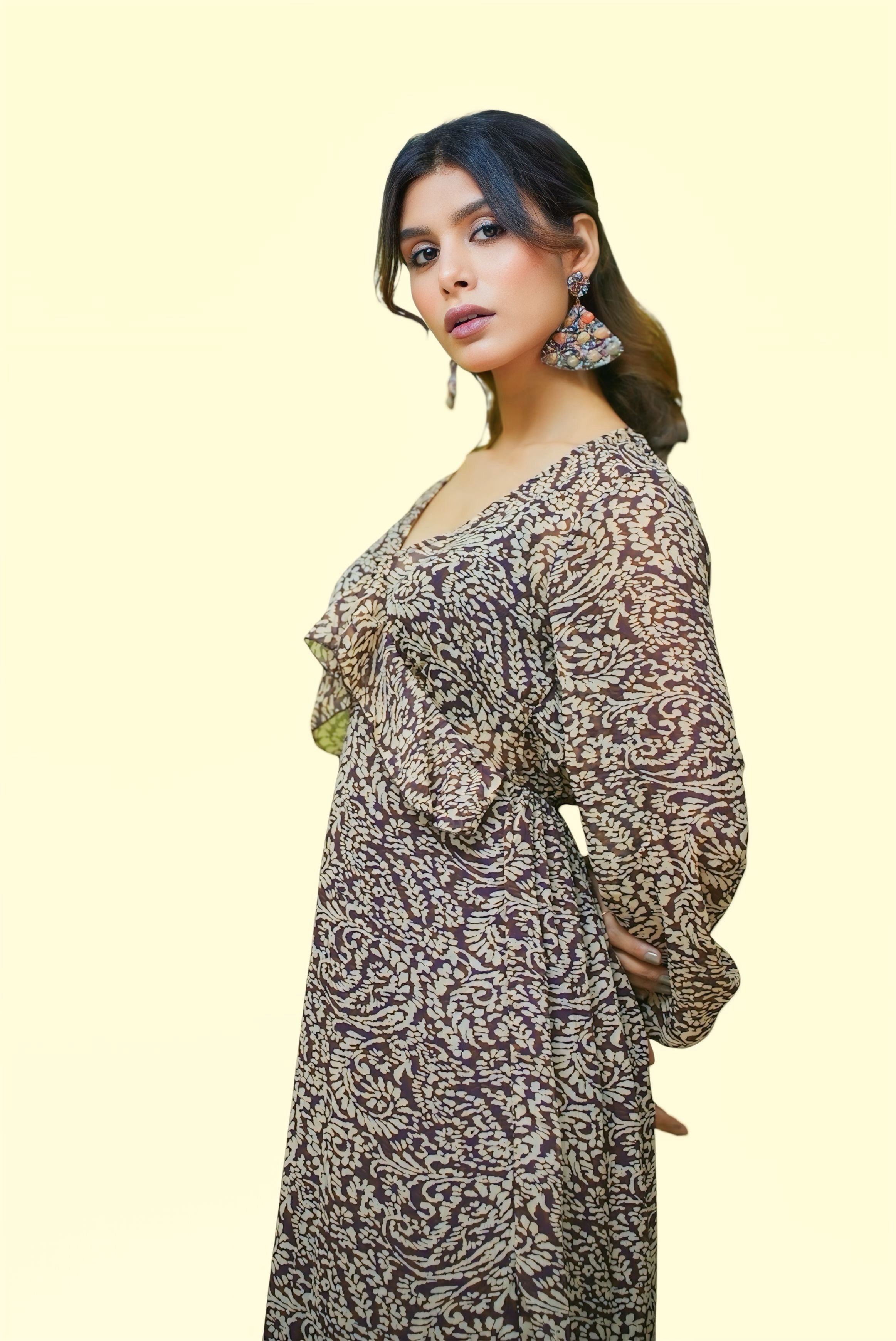 Mono print chiffon maxi dress #011004