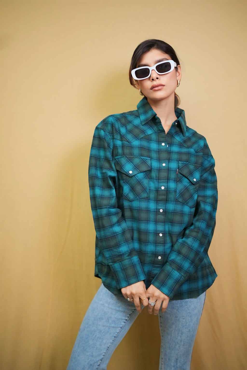 Turquoise check shirt #051001