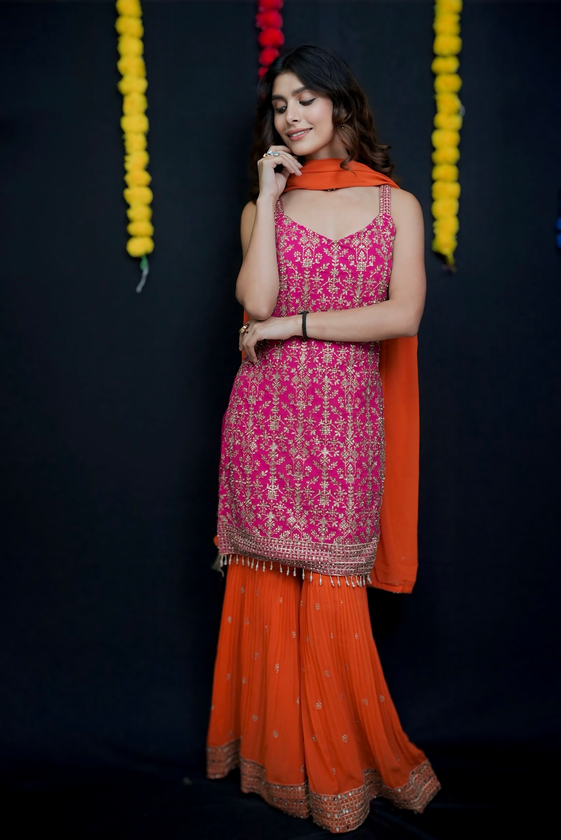 Pink & Orange sharara suit set #041001
