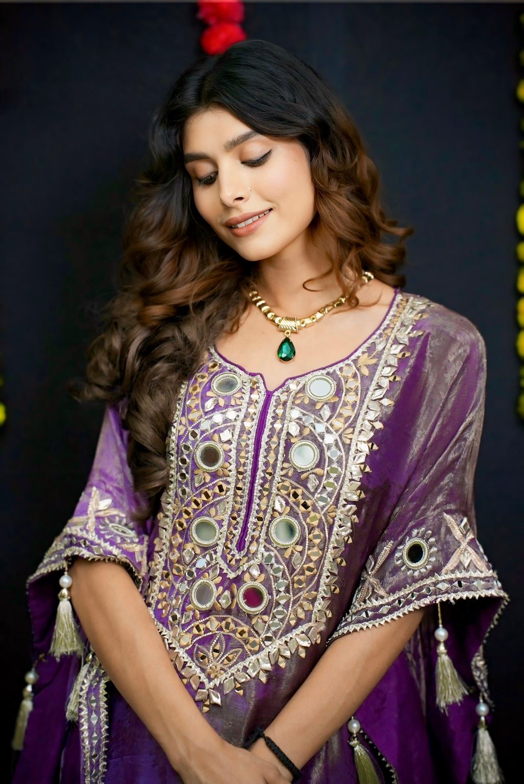 Purple mirror work kaftan set #041007
