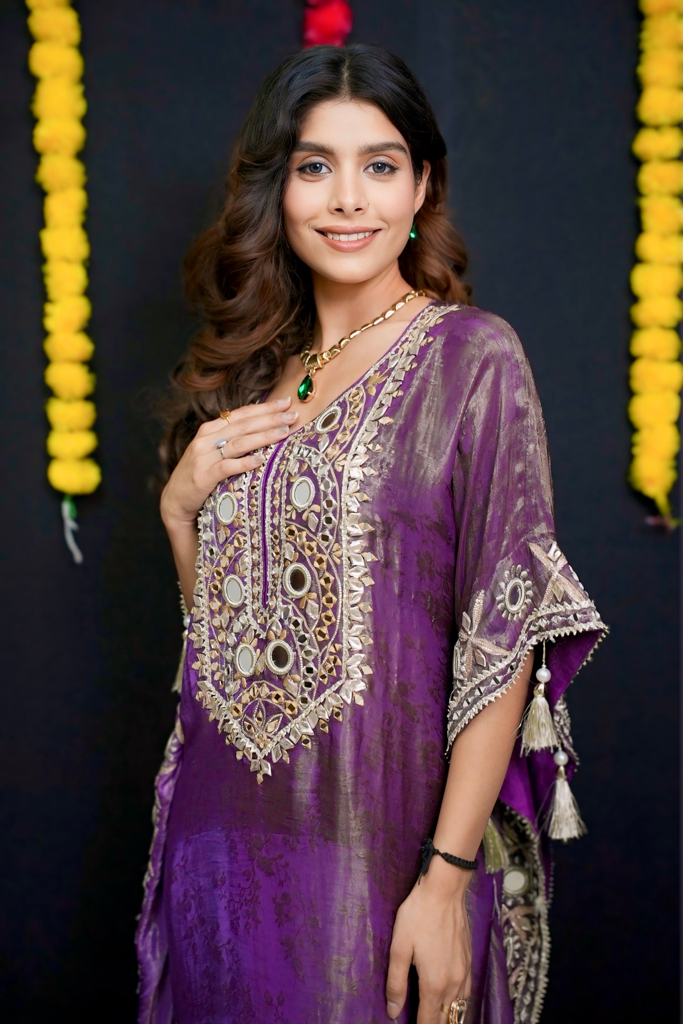 Purple mirror work kaftan set #041007