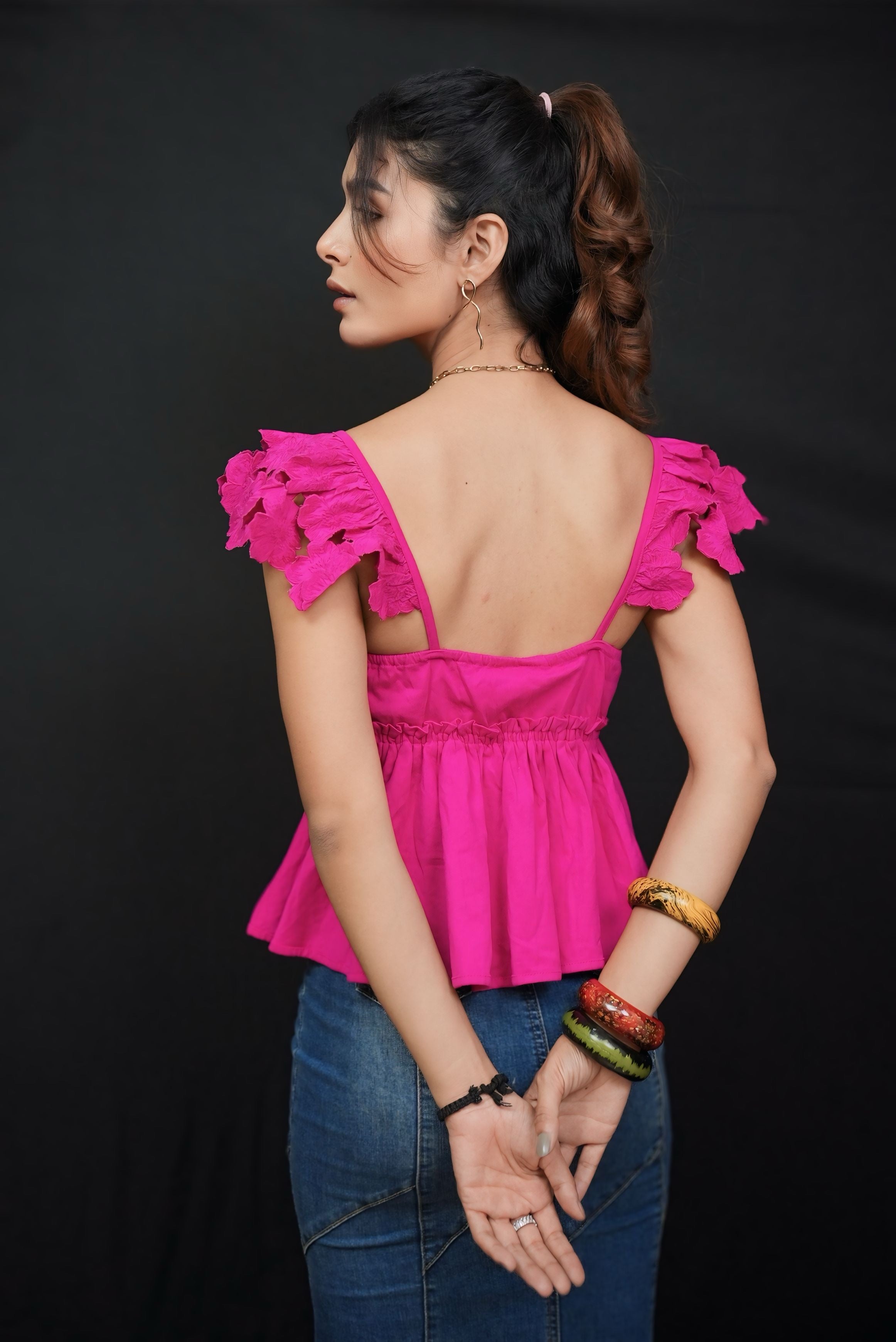 BRIGHT PINK V NECK STYLISH TOP #230904