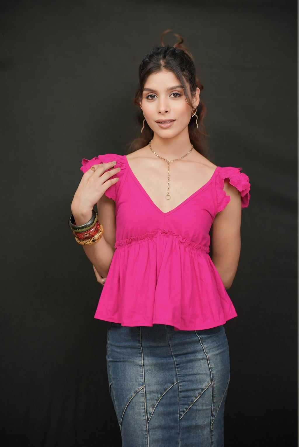 BRIGHT PINK V NECK STYLISH TOP #230904