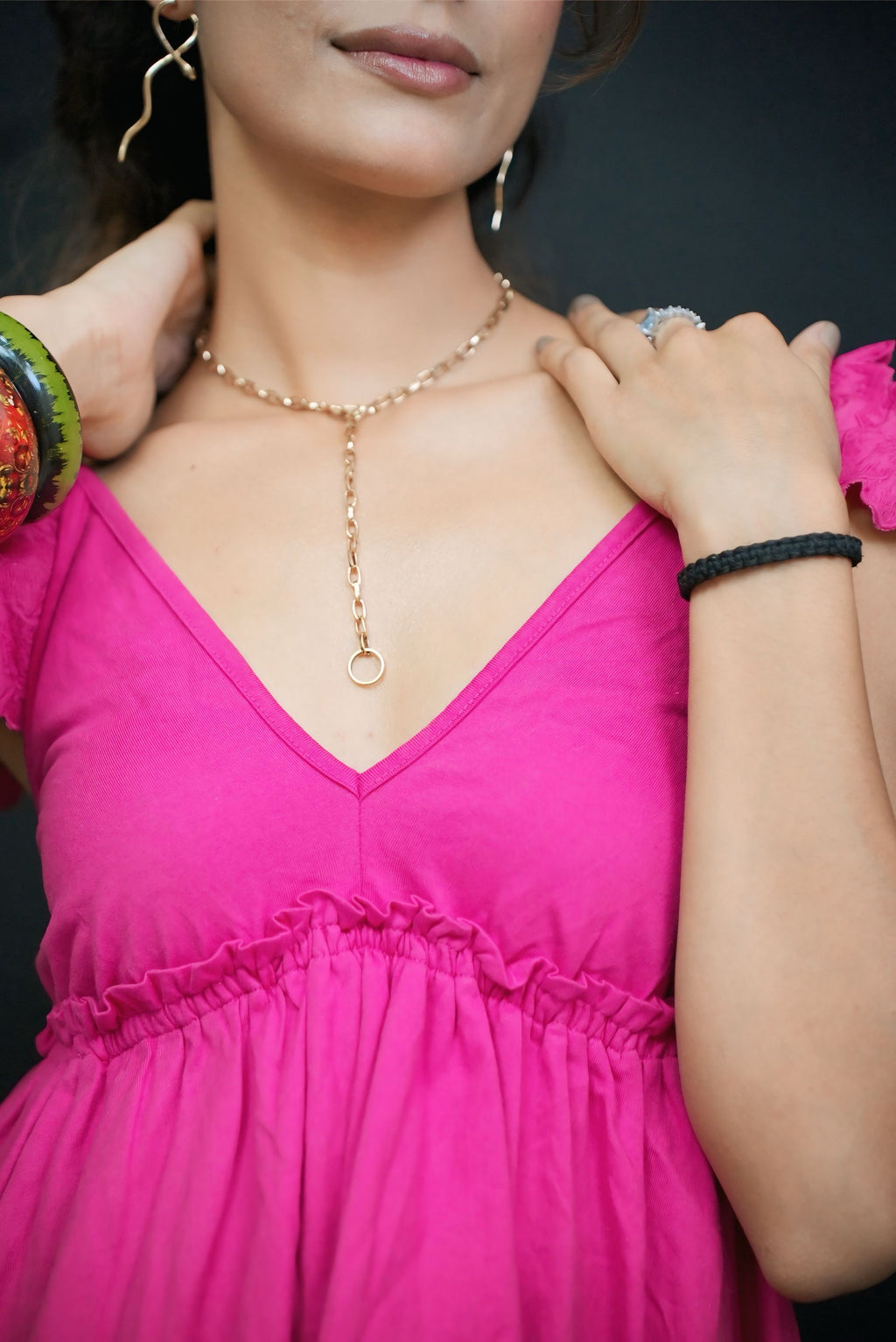 BRIGHT PINK V NECK STYLISH TOP #230904