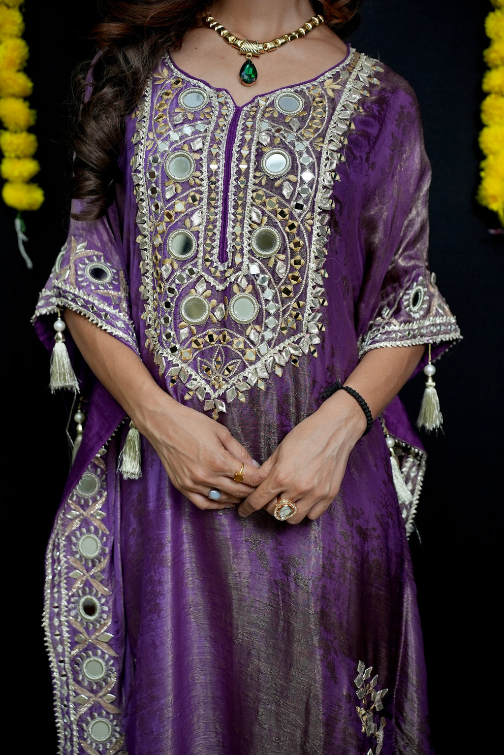 Purple mirror work kaftan set #041007