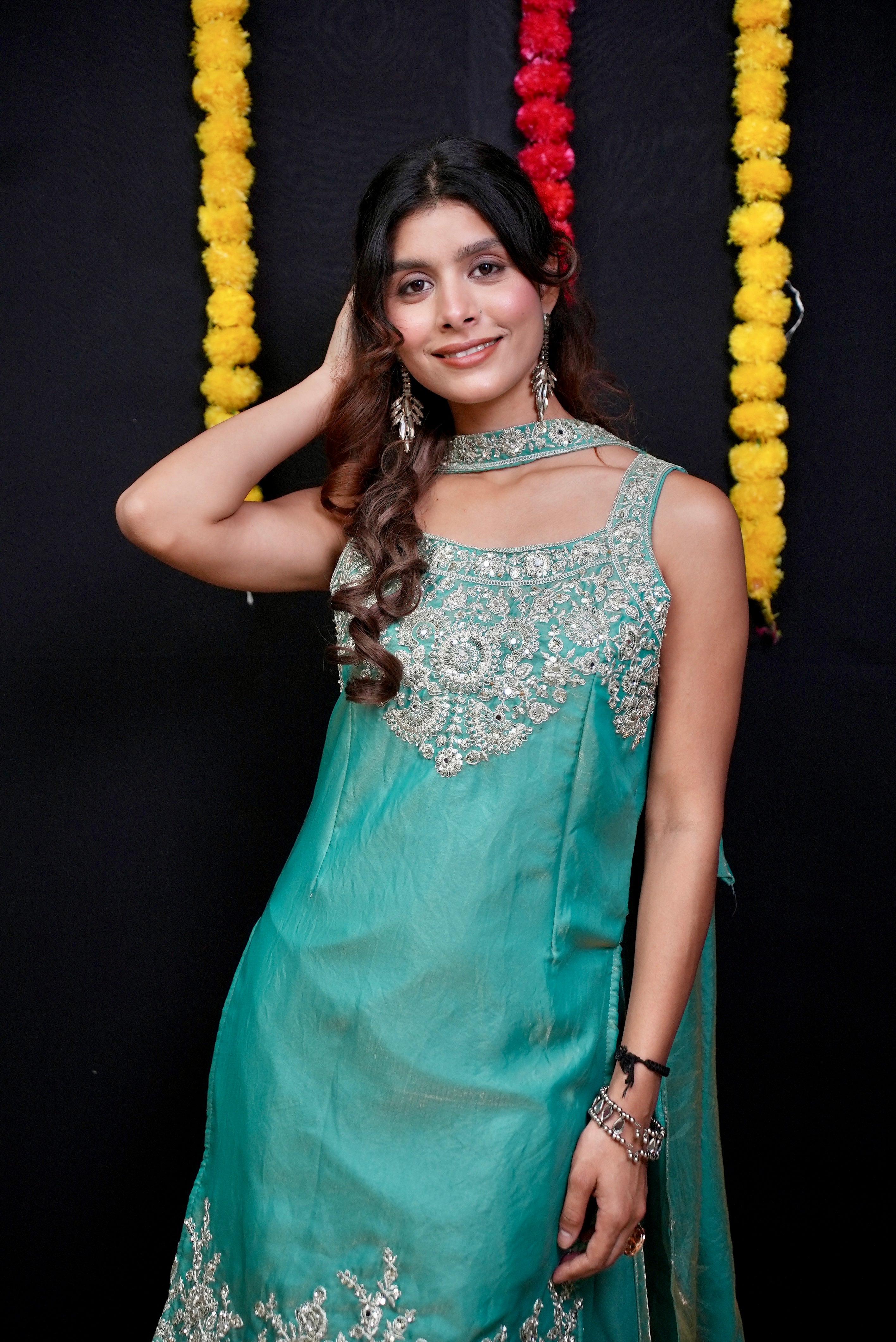 Green shimmer embroidery festival suit set #051003